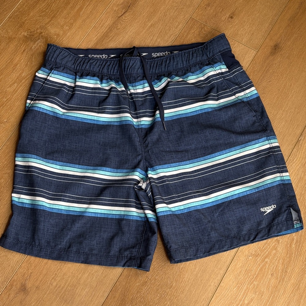 Speedo Men’s Navy Blue Striped Swim Trunks with Blue & White Accents - Large